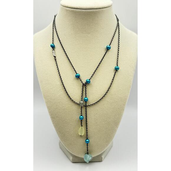 Pandora Teal Pearl Station Rose Lariat Necklace 925 Oxidized Silver Retired Rare - Picture 1 of 13
